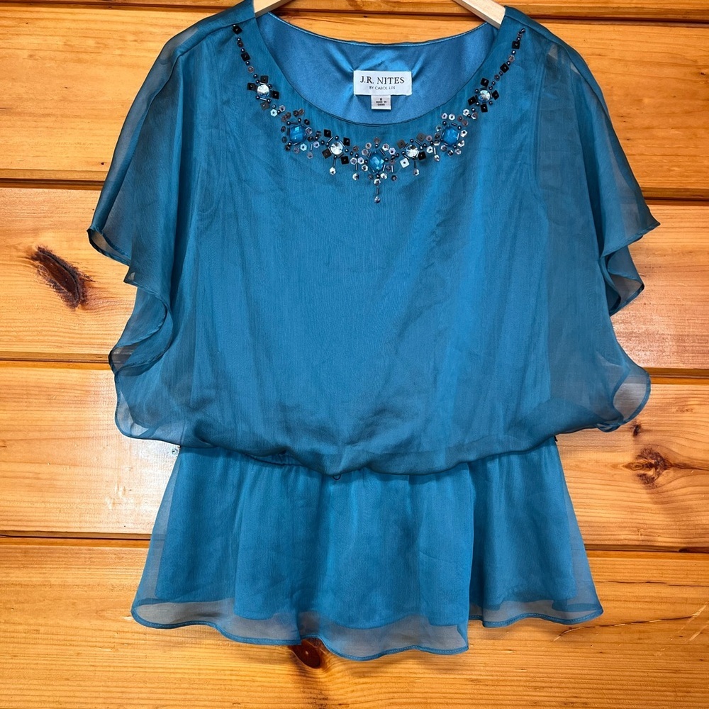 Vintage J. R. Nites by Carol Lin Blue Chiffon Ruffle Decorative Jeweled Top 8